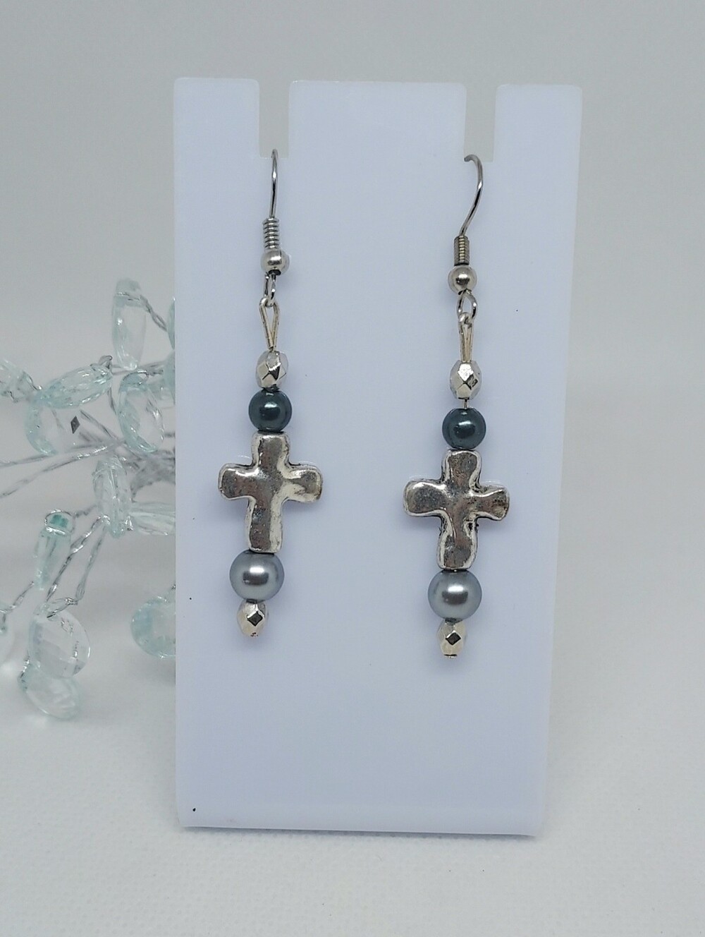 Silver Cross Drop Earrings with Gray And Blue Beads Nwot